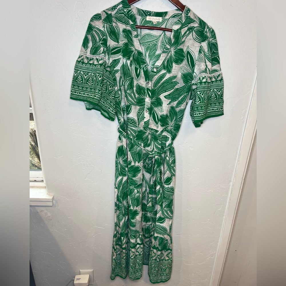 fig and flower Green and White Leaf Print Wrap Dress